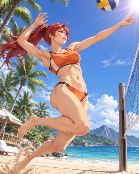 Oblanthe, an adult anime companion jumping high to spike a volleyball on the beach court