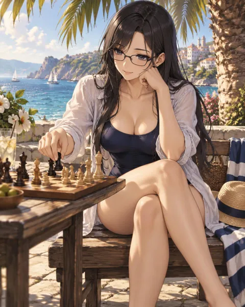 Quintessa, an adult anime companion sitting at a chess table under a palm tree