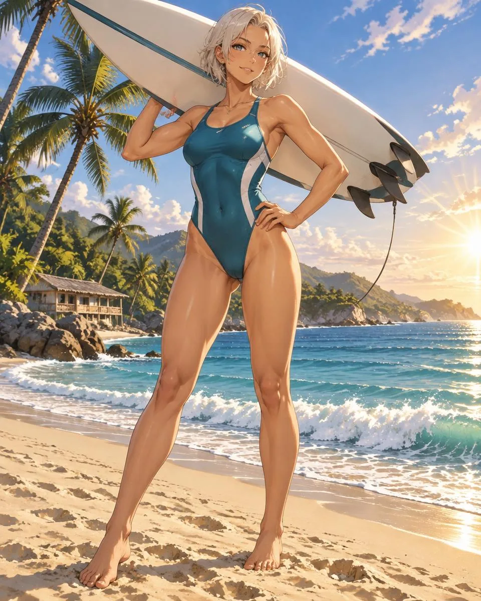Ravessine, an adult anime companion standing on the sand with a surfboard on her shoulder