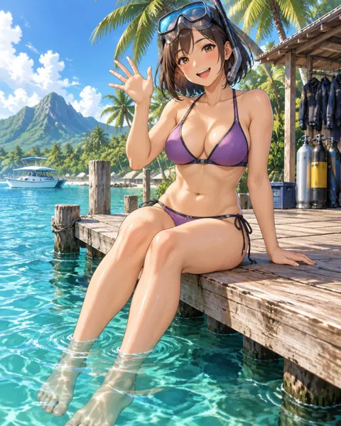 Ysveline, an adult anime companion sitting on a wooden dock with her feet in the water